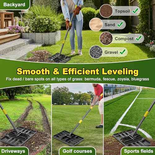 Lawn Leveling Rake, Heavy Duty 17" x 10" Stainless Steel Lawn Leveler for Soil Dirt Leveling Spreading,72" Adjustable Long Handle,Golf Field,Lawn,Tight Spot Landscaping Tool,Ground Leveler for Yard