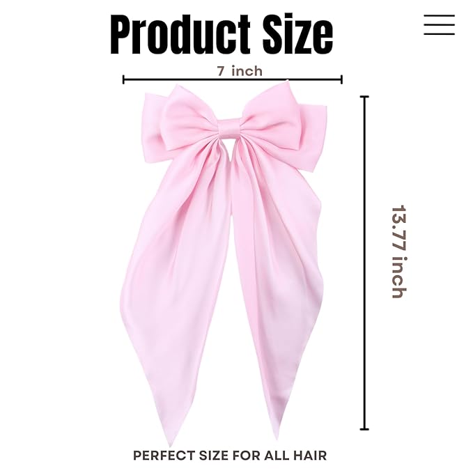 2PCS Big Hair Bow Clips for Women Girls Ã¢ÂÂ Pink Satin Ribbon Bow Barrettes with Long Tails, Large Cute Hair Accessories for Ponytail, Photoshoot & Everyday Styling