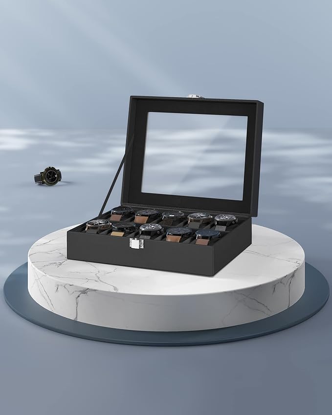 SONGMICS Watch Box, 10-Slot Watch Case Organizer with Large Glass Lid, Removable Pillows, Gift for Loved Ones, Black Synthetic Leather, Black Lining UJWB010B02