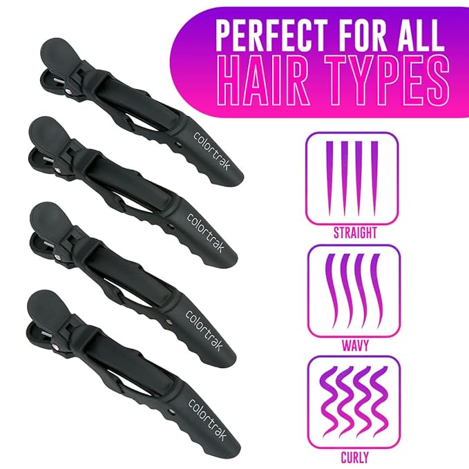 Colortrak Croc Hair Sectioning Clips, Section Large Amounts of Hair while Coloring, Cutting, and Styling, No Slip Rubber Grip, Black, Includes 4 Clips