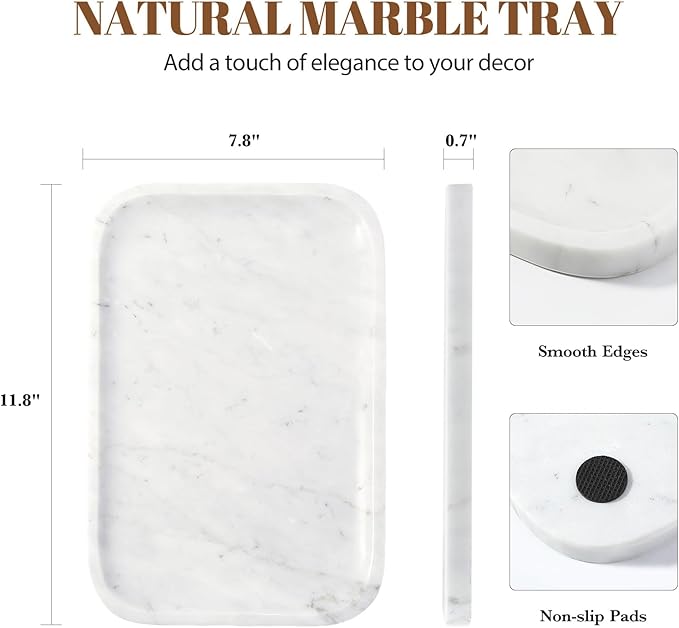 Koville Marble Tray, 12"x8" Bianco Carrara Marble Vanity Tray for Countertop Bathroom Kitchen Dresser, Decorative Catchall Trays for Perfume Jewelry, Rectangular Stone Serving Tray