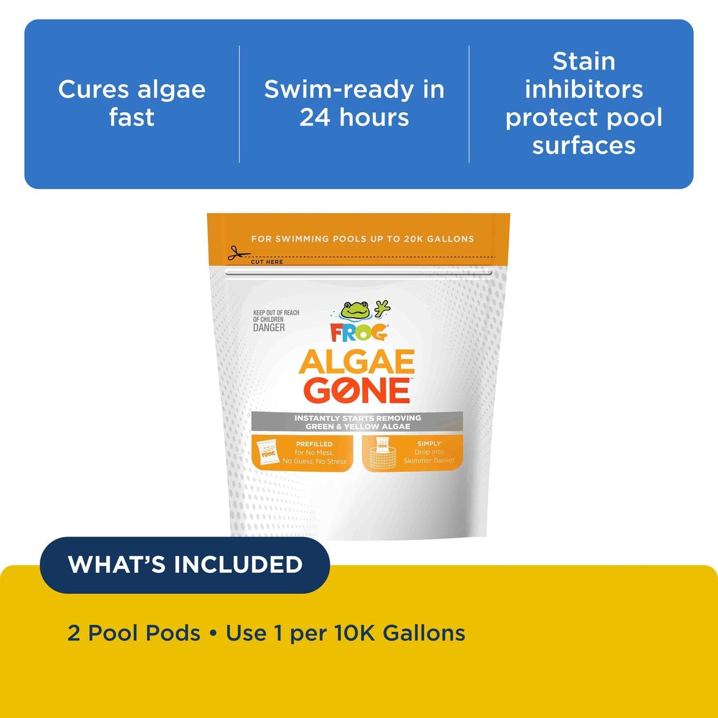FROG Algae Gone - Dry Formula Algaecide Removes Green and Yellow Algae for In-Ground & Above-Ground Pools up to 20,000 Gallons - Chemical Pool Maintenance & Treatment - 2 Pods