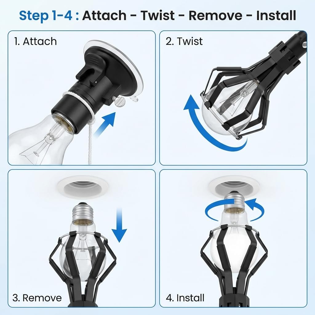 QWORK Professional Light Bulb Changer Kit - 3 Piece Set - Extension Pole Compatible, for High Ceiling Incandescent Bulbs with Standard, Floodlight & Recessed Changer