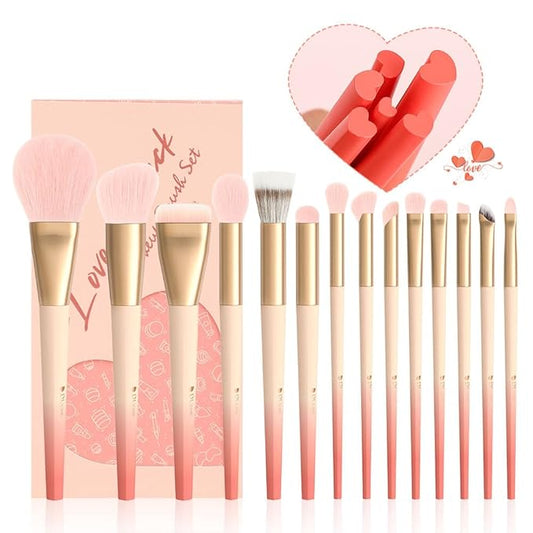 DUcare Valentine's Day Gift Makeup Brushes 14Pcs Love Makeup Brush Set Premium Synthetic Kabuki Foundation Blending Face Powder Blush Concealers Eye Shadows Brushes