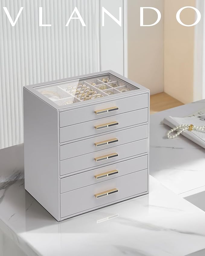 Vlando 6 Layer Jewelry Box for Women, Glass Lid Jewelry Organizer with 6 Drawers for Necklaces Rings Earrings Bracelets - Grey