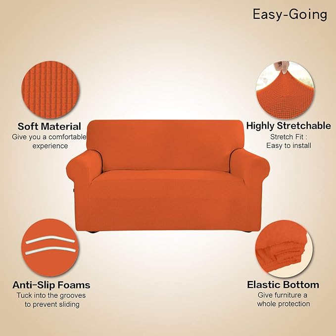 Easy-Going Stretch Sofa Slipcover 1-Piece Sofa Cover Furniture Protector Couch Soft with Elastic Bottom for Kids, Polyester Spandex Jacquard Fabric Small Checks (Sofa, Orange)