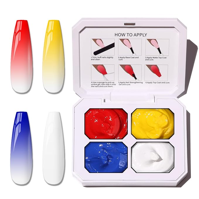 Sponge Pat Gel Nail Polish Palette, Blue Red Yellow White 4 Colors Primary Blending Ombre Gel Polish Gradient Painting Nails Art, No Wipe, UV/LED Cured (4 Colors A)