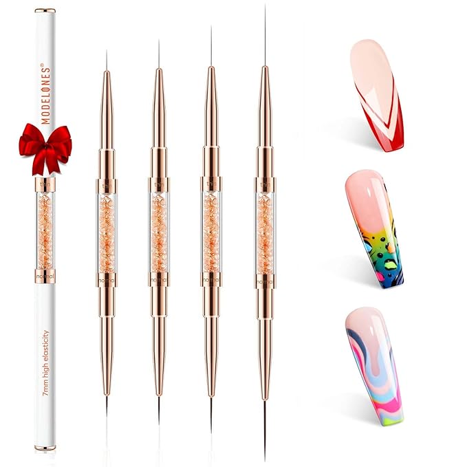 modelones Nail Art Brushes, Super Fine Liner Nail Brush Kit Dual-ended 7/11/15/20mm for Gel Polish Thin Lines, Precise Details, Fine Drawing Painting Design Acrylic Rhinestone Handle Salon & DIY Use