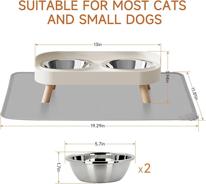 Elevated Cat Bowl with Food Mat, Raised Cat Food and Water Bowl Set for Indoor Cats, Splash Proof with 2 Stainless Steel Pet Food Bowls for Cats and Puppies,Whisker Fatigue and Dishwasher Safe (White)