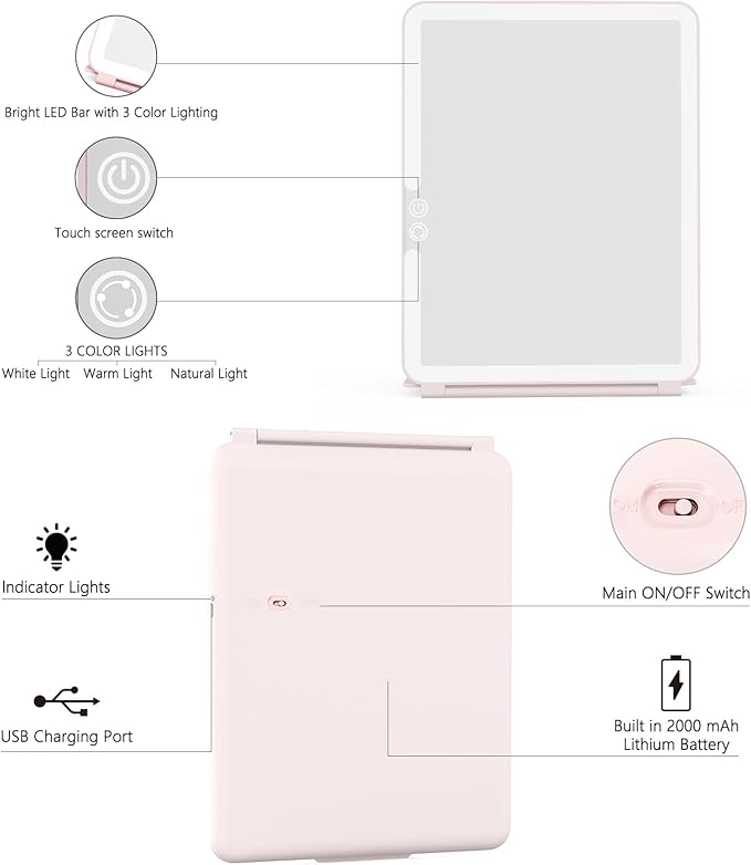 WEILY Makeup Mirror with Lights, 2000 mAh USB Rechargeable Lighted Makeup Mirror, Touch Screen 3 Colors Adjustable 72 LED Lights Compact Travel Mirror, Gift for Girls Women (Pink)