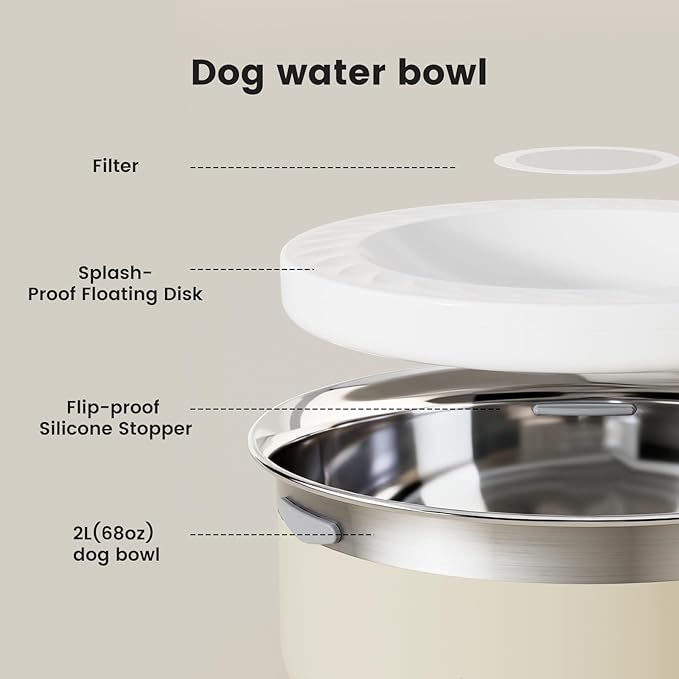 Gardner Pet Slow Water Bowl for Dogs, 2L/68oz Spill-Proof Pet Water Bowl with Floating Disk, Stainless Steel No-Spill Water Dispenser for Medium Pets