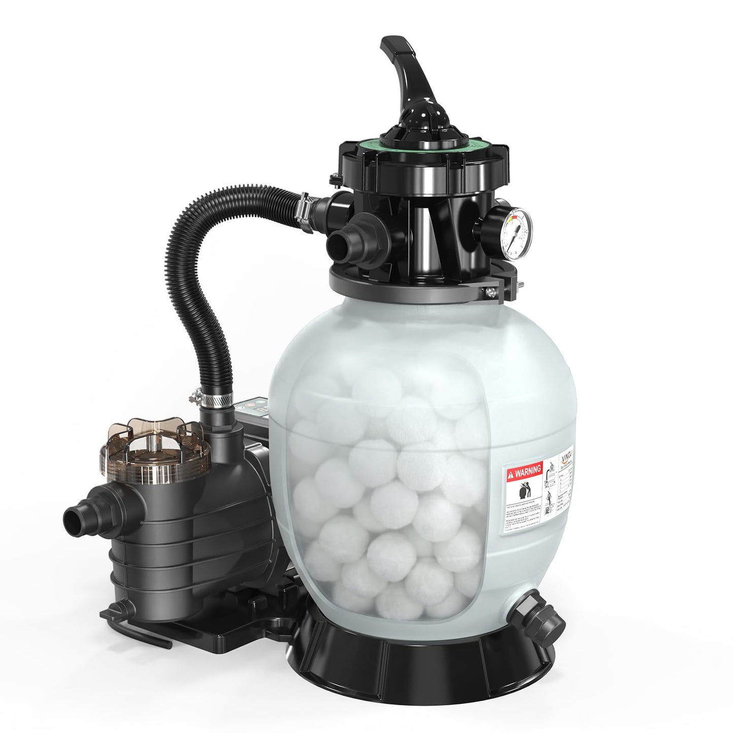 VINGLI (24H Timer) 12 in Sand Filter Pump with Filter Balls, 1585 GPH 1/2 HP High Efficiency Pool Pump with 7-Way Valve for Above Ground Swimming Pools Up to 8000 Gallons