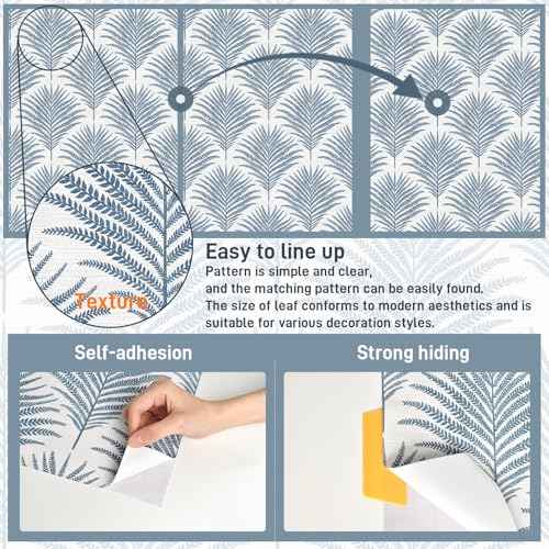 Rugreat Blue/White Wallpaper Peel and Stick Modern Palm Leaf Contact Paper for Cabinets Self Adhesive Removable Wallpaper for Bedroom Boho Geometric Contact Paper Bathroom Waterproof 17.3inW 78.7inL