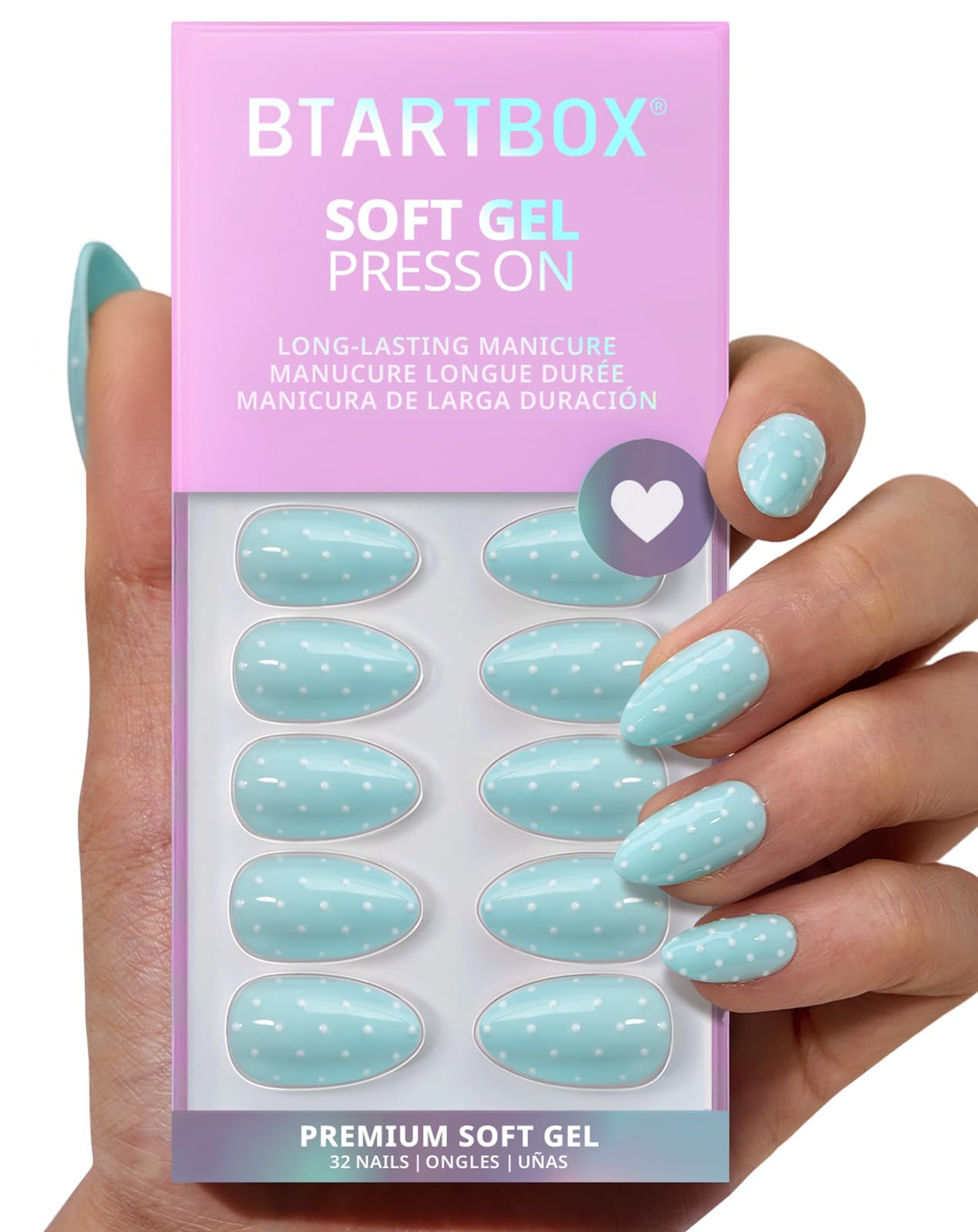 BTArtbox Press On Nails Short - Dotted Overalls, Easy-to-Apply Polka Dot Pastel Blue Almond Press On Nails with Glue and Adhesive Tabs in 16 Sizes - 32 Nails All-in-One Kit