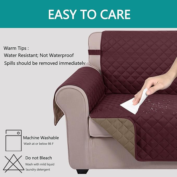 U-NICE HOME Loveseat Sofa Cover Reversible Couch Cover for Dogs with Elastic Straps Water Resistant Furniture Protector for Pets Couch Cover for 2 Cushion Couch (Loveseat, Burgundy/Tan)