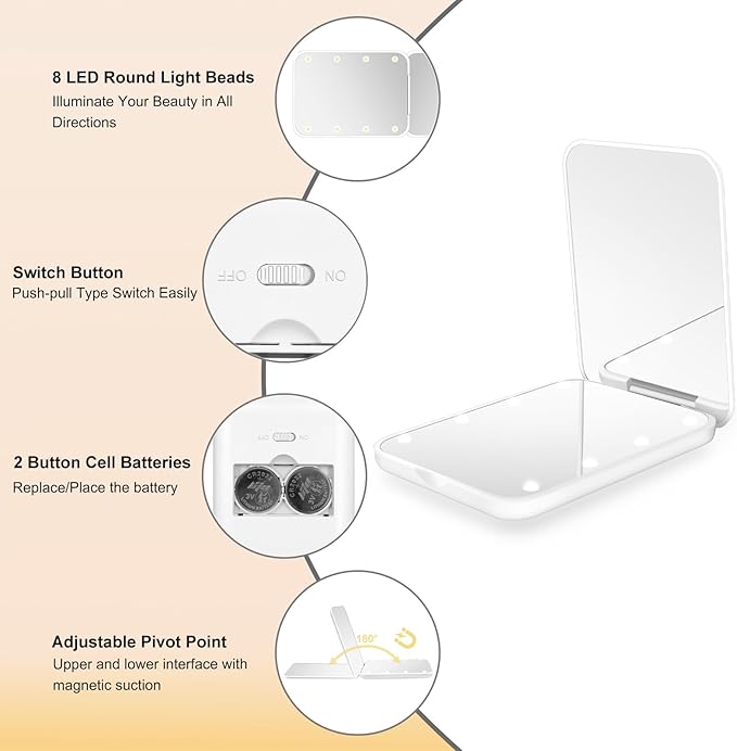 Compact Mirror, 1X/3X Magnification LED Pocket Mirror with Nternal BIattery, Mini Mirror for Purse, Pocket,Travel and Present (White)