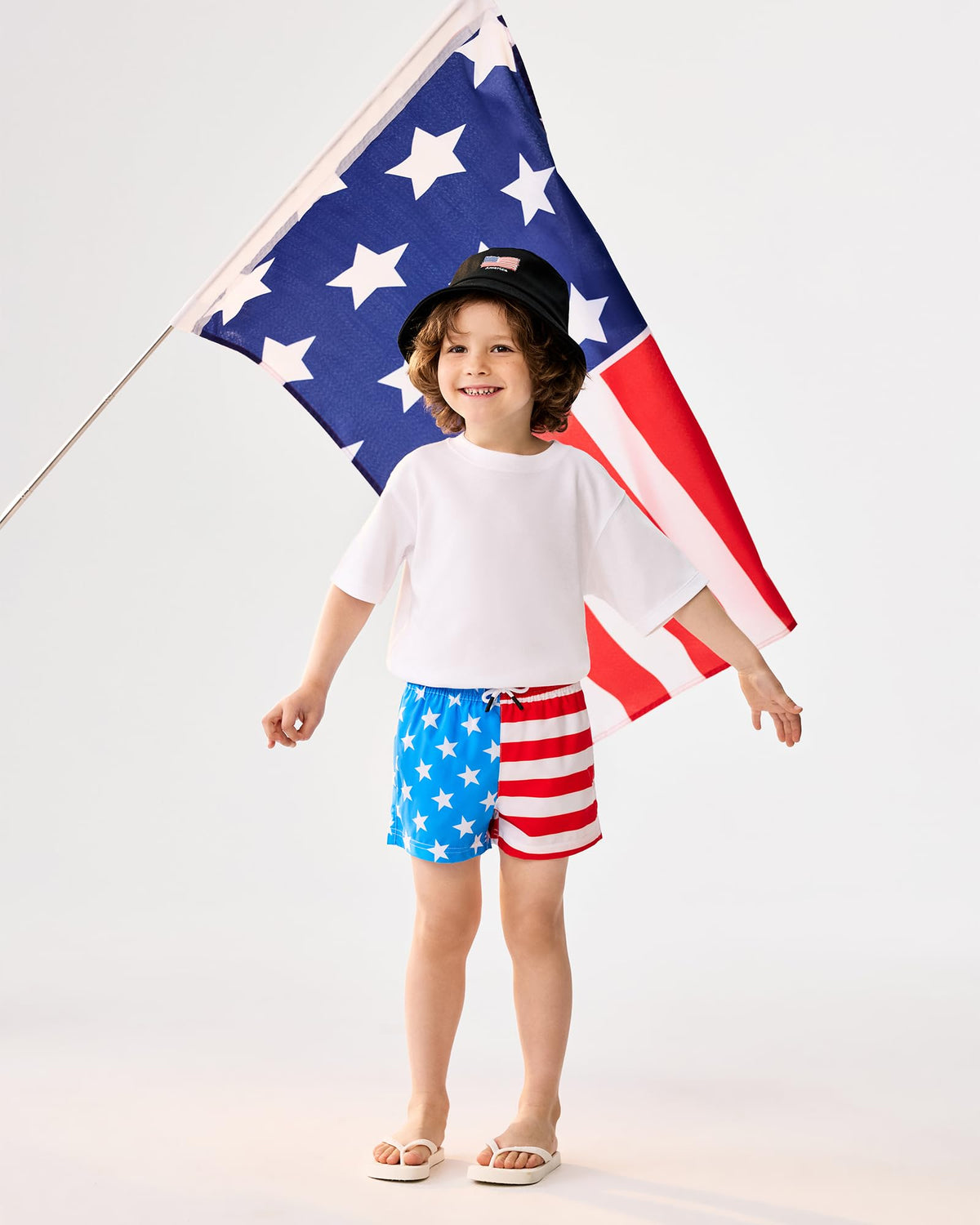 maamgic Boys Swim Trunks with Compression Liner Toddler Stretch Swim Shorts Quick Dry Swimming Trunks Boxer Brief 2 in 1 Beach Shorts American Flag 14/16
