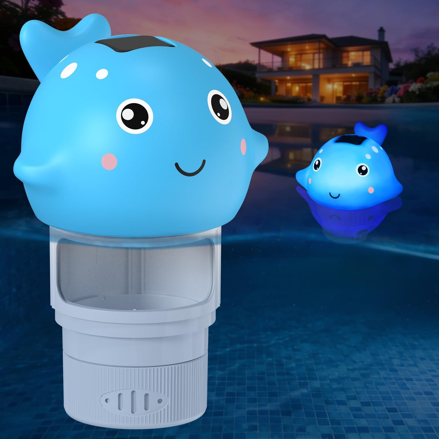 Solar Pool Chlorine Floater, Chlorines Floater with Light, Glow in Dark Chlorines Tablet Floater, Blue, 9 Inch