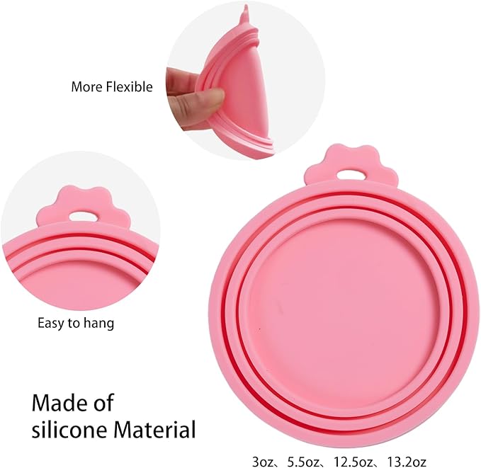 PINE & LINEN 4 Pcs Durable Pet Can Lids,One fit 3 Standard Size Silicone Waterproof Cat Food Cans Lids for 3oz/5.5oz/12.5oz/13.2oz Cat Food Cans（ Pink）
