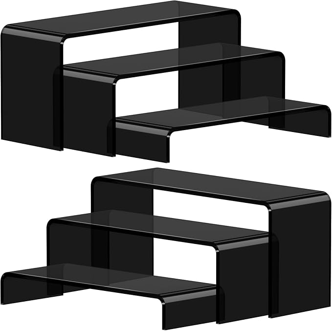 Funfery Acrylic Display Risers, 2 Set(7.8"L~8.2"L~8.6"L) Display Shelf for Figure, Collectibles, Cupcake, Black Acrylic Stands for Dessert, Jewelry, Candy Showcase, 3 Tier Action Figure Stand Holder