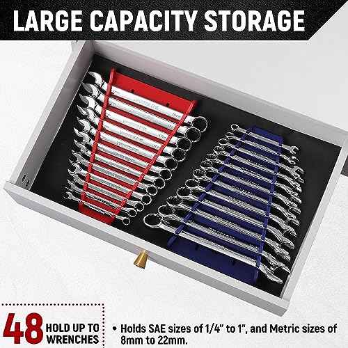 ALOANES 48-Slot Magnetic Wrench Organizer, Wrench Organizer Tray for Tool Box&Wall Mounted, Wrench Holder Fit SAE & Metric Wrench Storage, 4 Pack(Red&Blue)