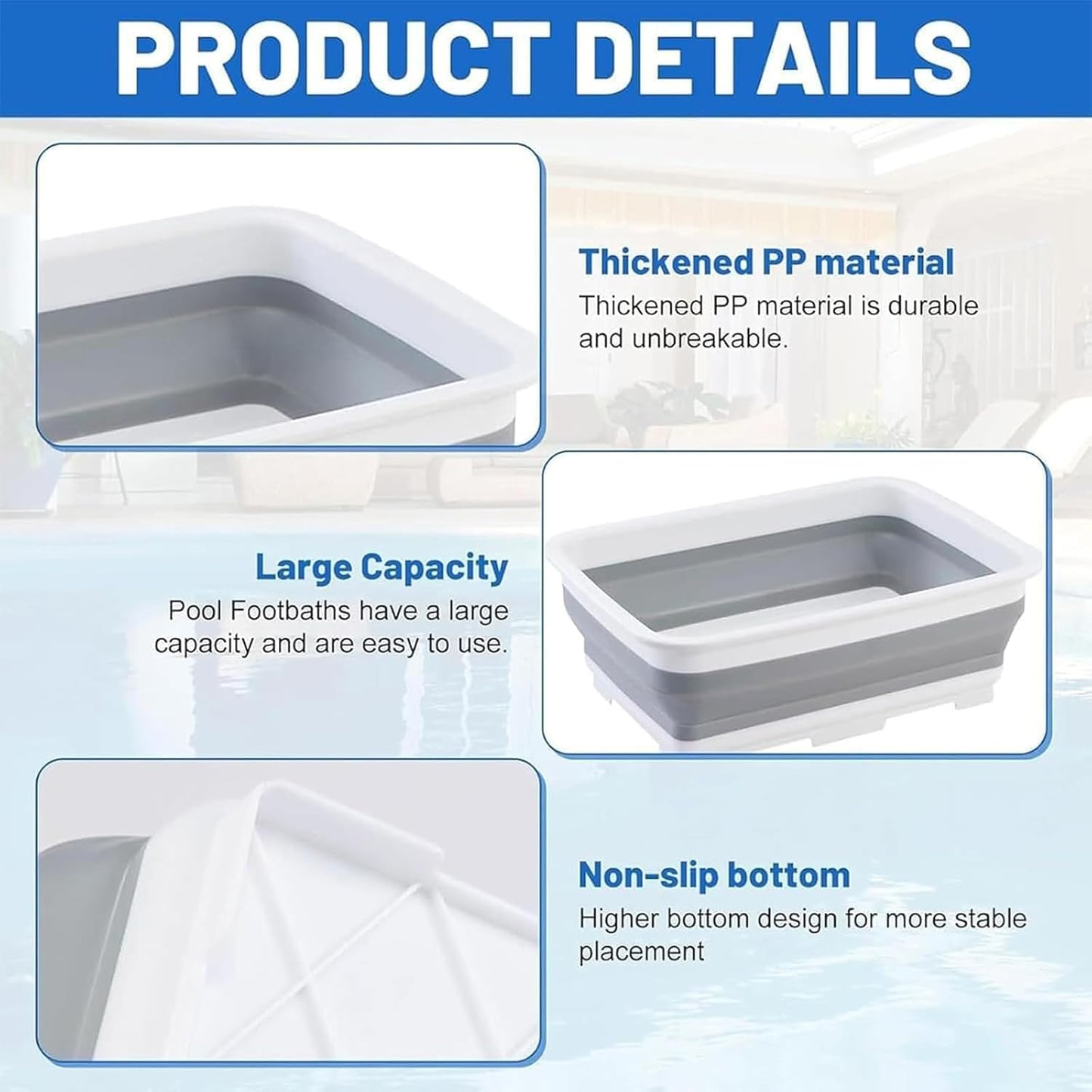 ESEHGS Pool Foot Bath Tray for Swimming Pool, Non- Slip Collapsible Foot Bath for Pool, Portable Foot Tub for Pool for Above Ground Pool Accessories, Rinse Feet Keep Pool Clean (Grey + White)