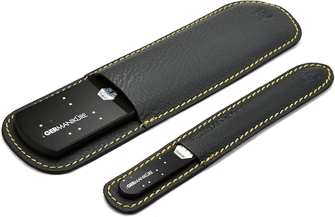 GERMANIKURE Black Glass Nail File & Pedicure Bar Set in Leather Sleeves - Ethically Made in Czech Republic - Professional Manicure & Pedicure Kit for Fingernail Care, Foot Callous & Dry Skin Removal