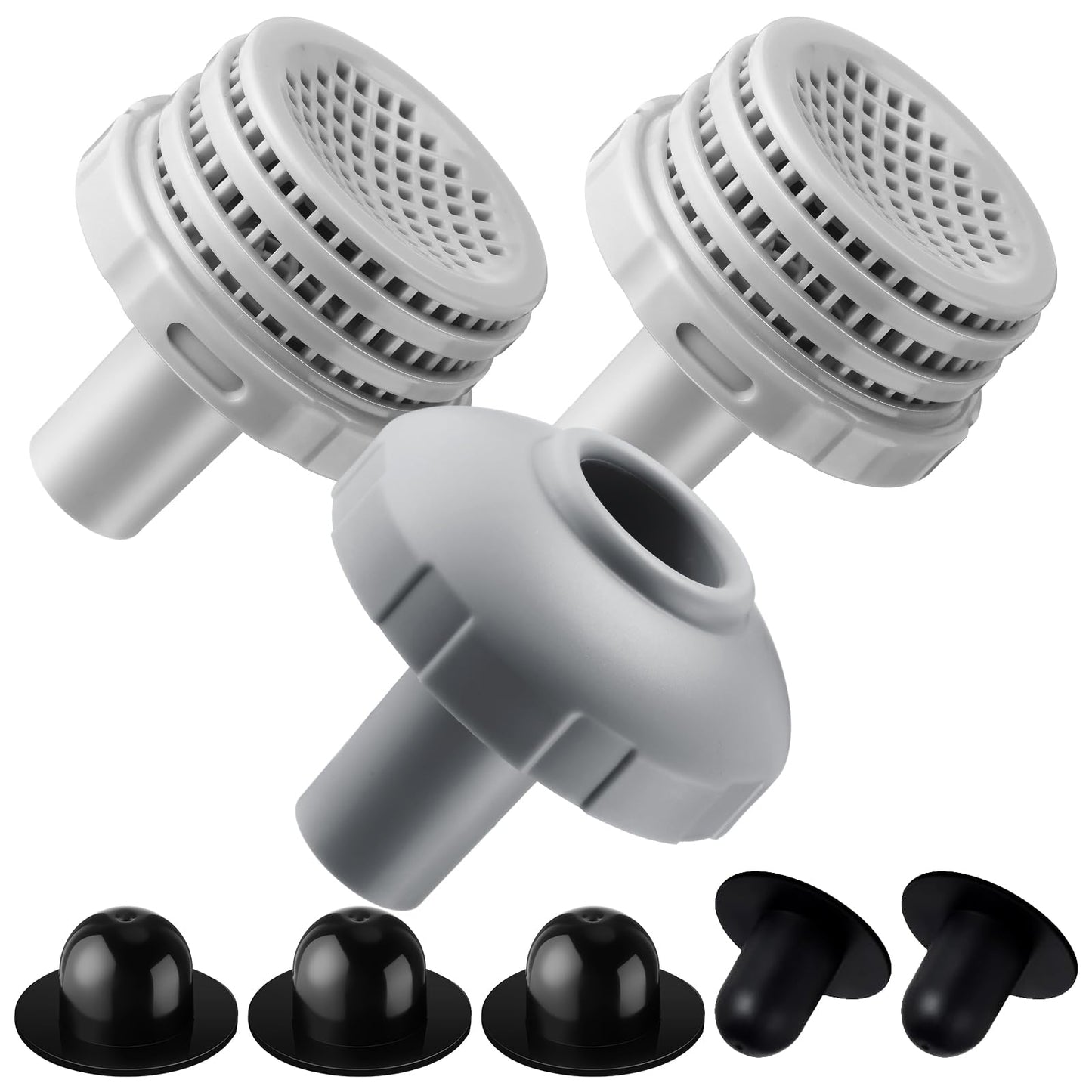 Pushglossy 1 Set Swimming Pool Water Jet Connectors Replacement Parts Kit Small Strainers with Pool Outlet Strainers, Inlet Nozzles and Hole Plugs with 1.25 Inch Fittings (Black,Grey)