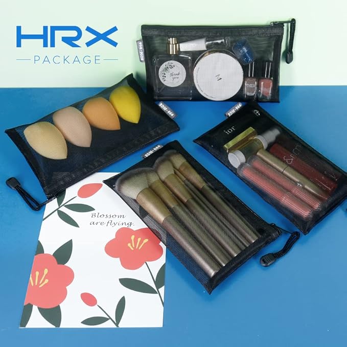 HRX Package Small Mesh Cosmetic Bags with Zipper, 6pcs Black Travel Makeup Pouches Organizer Case for Purse Diaper Bag