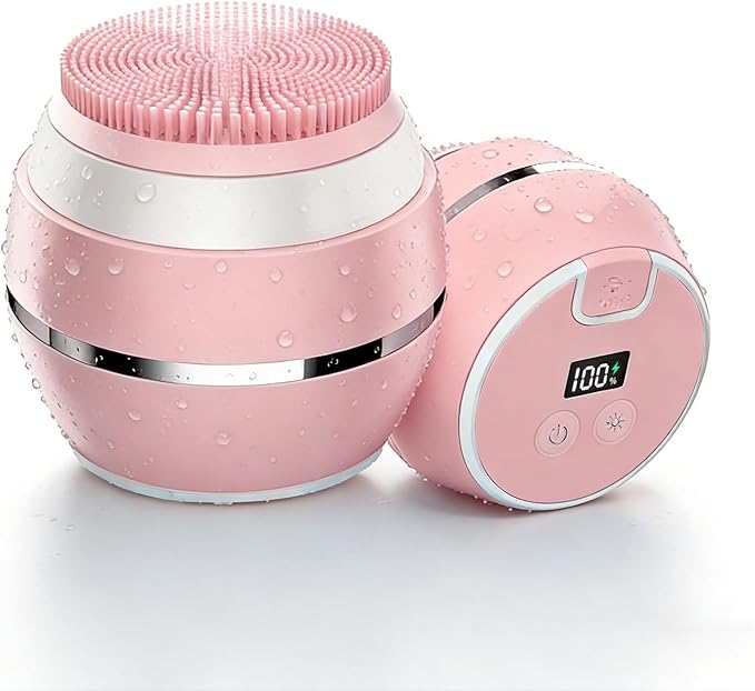 Electric Face Scrubber & Silicone Facial Cleansing Brush - Waterproof Sonic Face Brush Exfoliator with LED Screen, 3 Beauty Light Modes, Rechargeable Face Wash Brush for Deep Cleaning & Massage-Pink