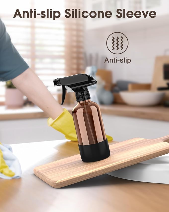 Bontip Glass Spray Bottle with Silicone Sleeve Protection, Amber Glass Spray Bottle Set for Window Cleaner Aromatherapy Facial Hydration Watering Flowers Hair Care 2 Pack/8 oz (Black & Orange)