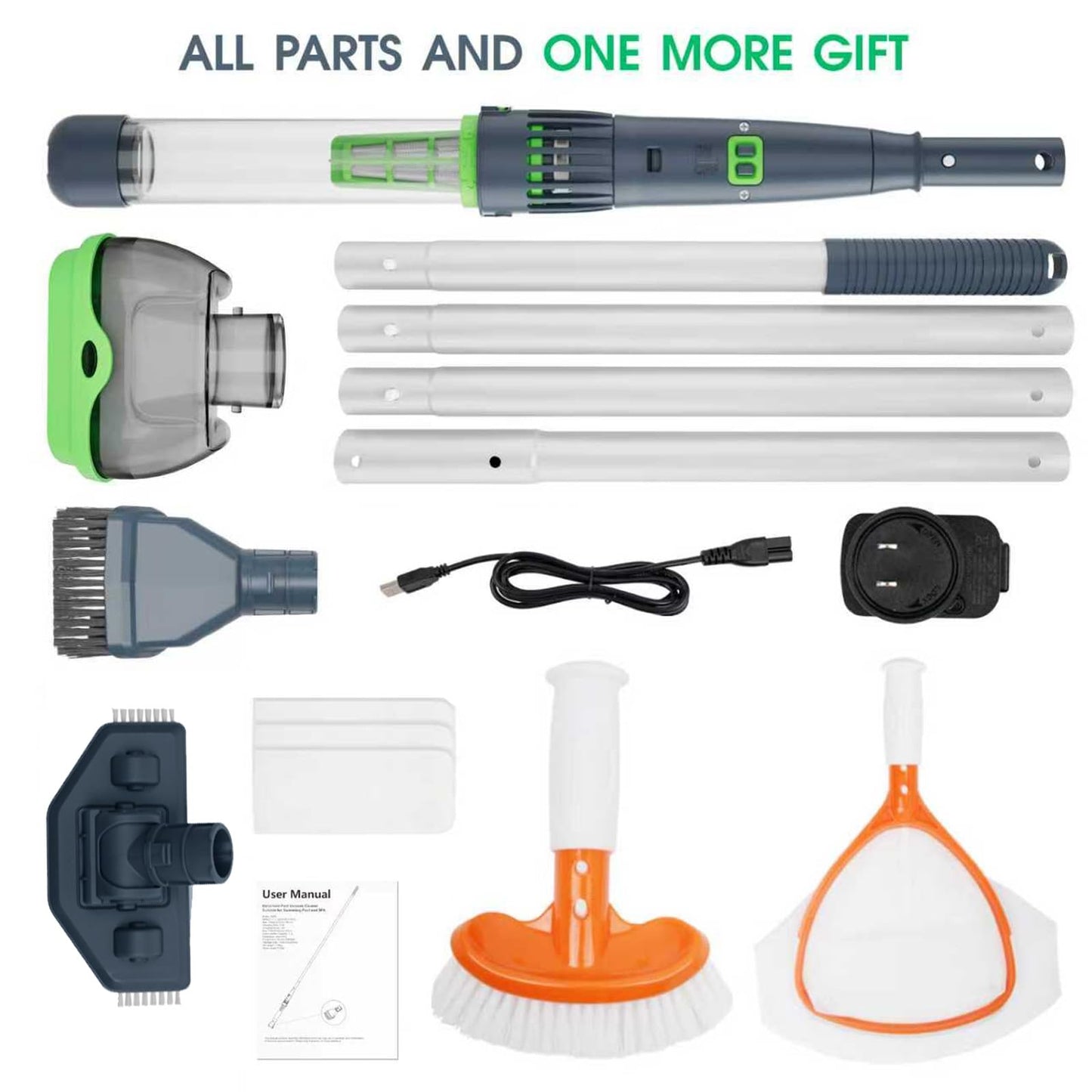 All in ONE Rechargeable Pool & Spa Vacuum 70 Mins Working for Hot Tub, Small Above Ground&Inground Pool, Magnetic Drive Tech, Spa Skimmer Net, Brush,25µm Ultra Fine Mesh Filter