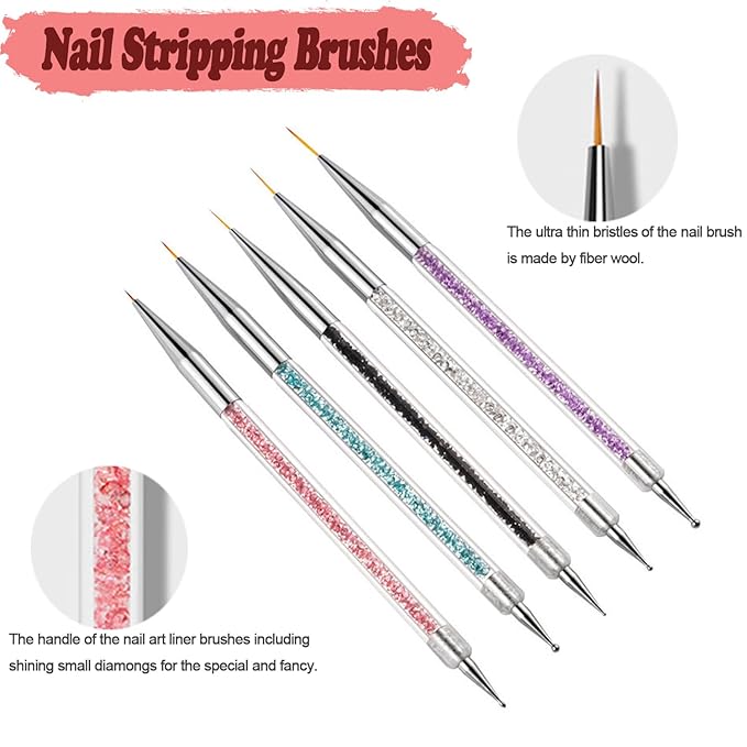 AIBEE Nail Art Brushes, 5pcs Double-Ended Acrylic Nail Brush Set with 5/7/10/12/15mm Nail Liner Brushes and Dotting Pens for French Nails