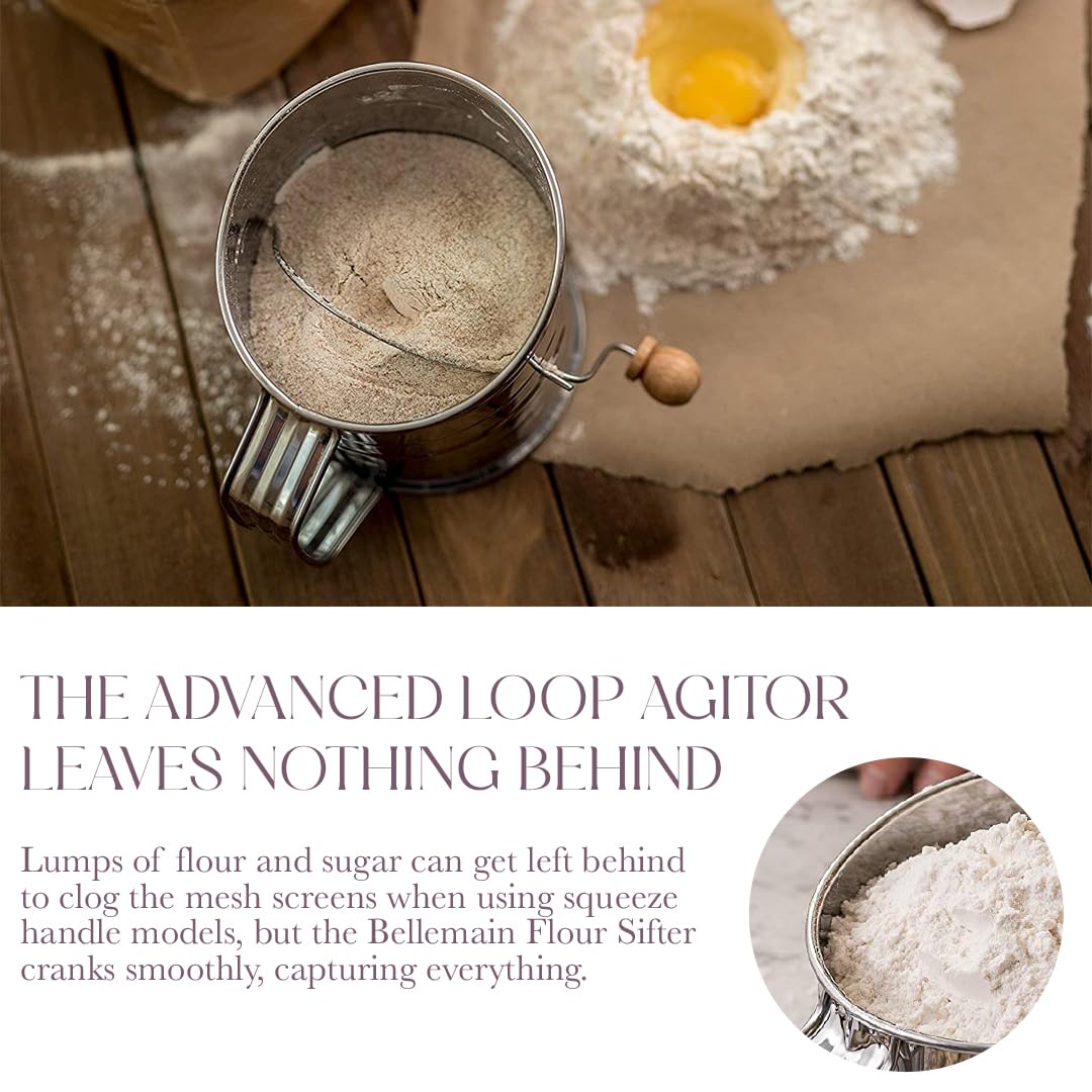 Bellemain 3 Cup Flour Sifter for Baking Fine Mesh Rotary Hand Crank with Loop Agitator for Quick Sifting, Flour Sifter Stainlees Steel