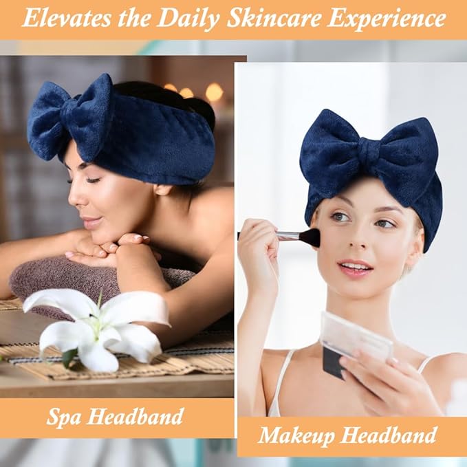 Shintop Face Wash Headband, Soft Spa Headband Carol Fleece Makeup Headwear with Cute Bow Elastic Hairband for Skincare Facial Mask ShowersÃ¯Â¼ÂNavy blueÃ¯Â¼Â