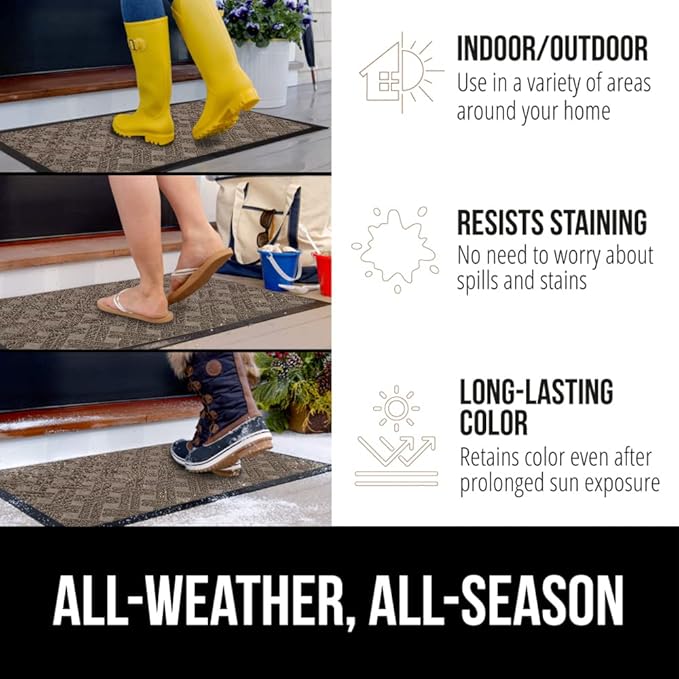 GORILLA GRIP 100% Waterproof All-Season WeatherMAX Doormat, US Designed Natural Rubber, Stain and Fade Resistant, Low Profile Indoor Outdoor Door Mats, Easy Clean Patio Mat, 17x29, Taupe Basket Weave