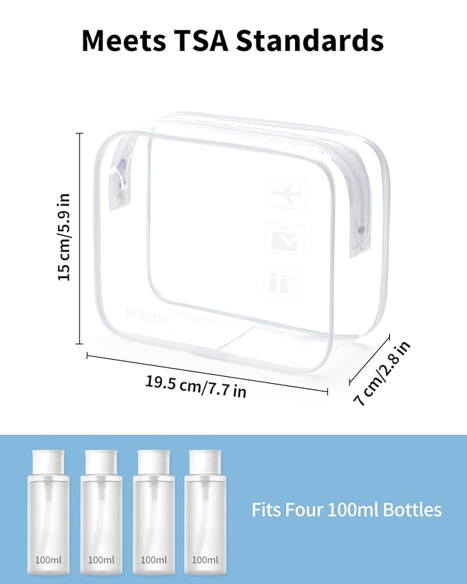 WANDF TSA Approved Toiletry Bag, 2 Packs Travel Clear Toiletry Bag, Quart Size Makeup Cosmetic Pouch with Zipper, Carry-On Airport Compliant Bag for Women and Men (2pcs White)