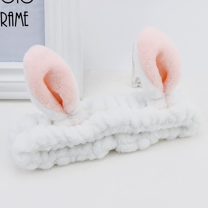YISSION Cute Bunny Ear Spa Headband for Women and Girls - Soft Plush Makeup Headband for Face Washing, Skincare, Shower, Easter Party Favors (2 Pack, White & Pink)