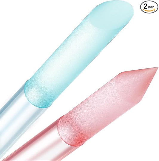 Curvlife 2-Pack Glass Cuticle Pushers with Leather Cases, Crystal Nail File Sticks for Cuticle Remover & Nail Care, Washable Reusable Manicure Tools for Natural & Acrylic Nails