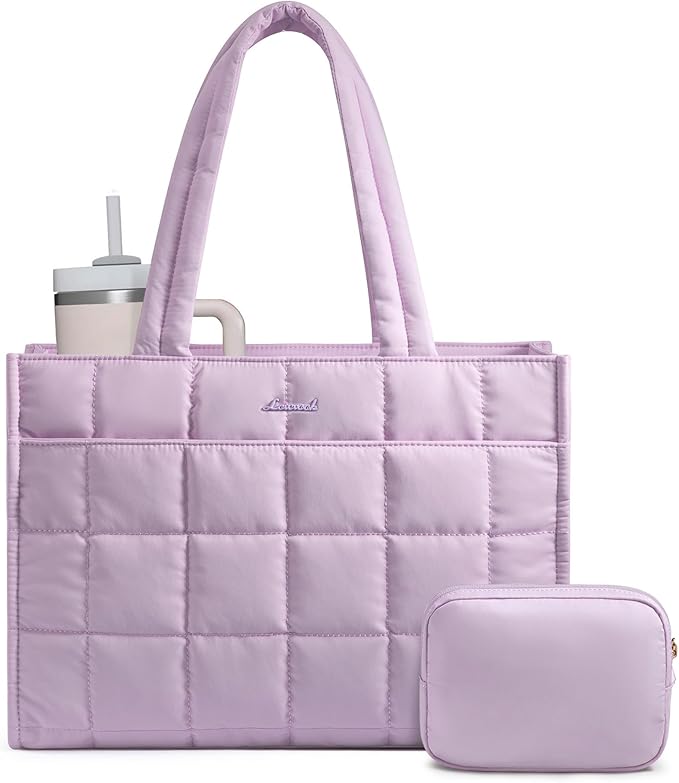 LOVEVOOK Tote Bag for Women, Puffer Work Handbag 17 Inch Laptop Purse for Nurse Teacher, Large Quilted Travel Tote Shoulder Bag with Zipper for College Office Clinical Gym, Light Purple