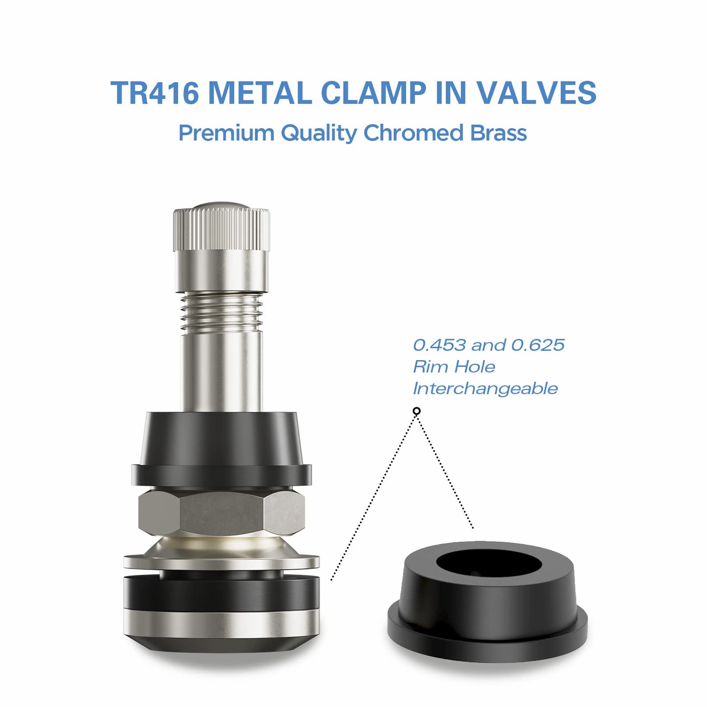 CKAuto 25 Pieces TR416 Metal Valve Stems Outer Mount Fits .453" & .625" Rim Holes Long 1 1/2", Silver