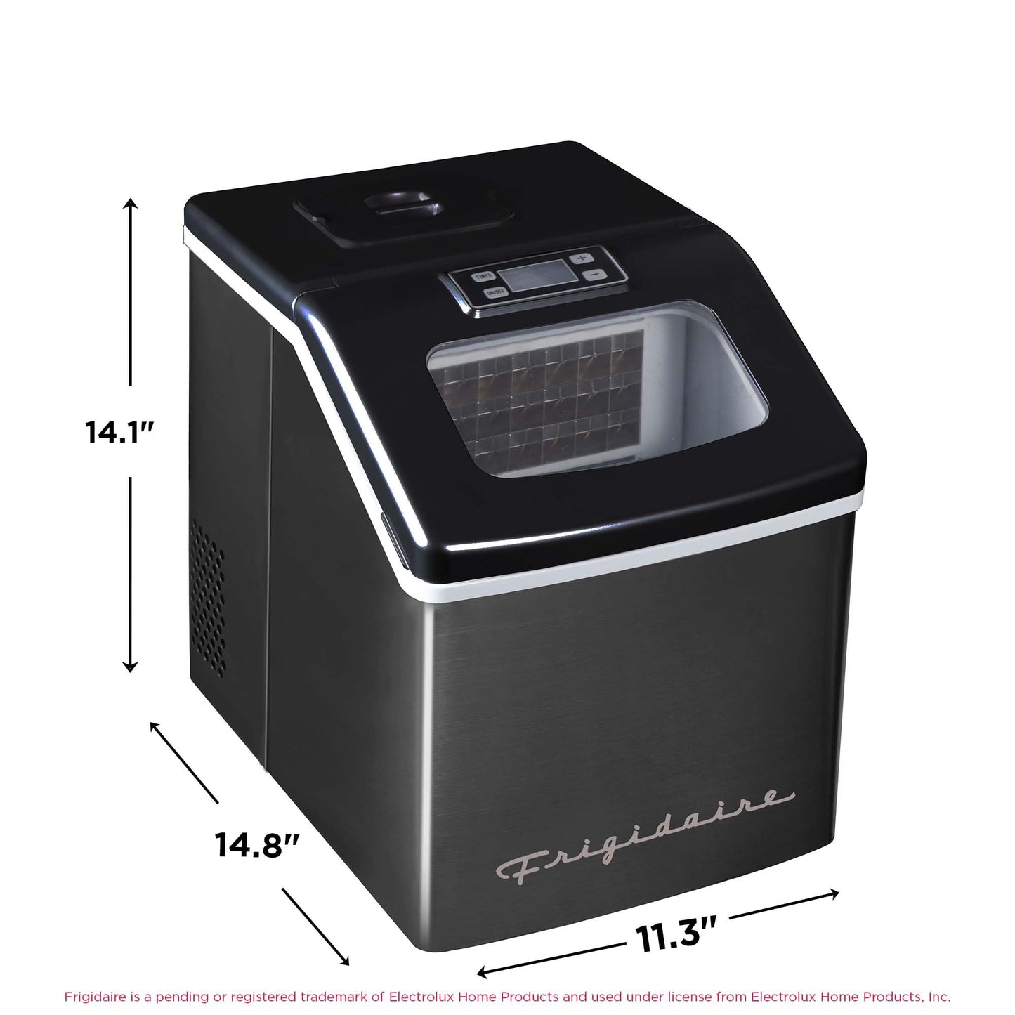 Frigidaire Ice Maker EFIC452, Countertop Stainless Steel Ice Maker with Transparent Window, Clear Ice Cube Maker with 40 lbs. Capacity, Ice Maker Machine – 14.8" D x 11" W x 14.1" H (Black)