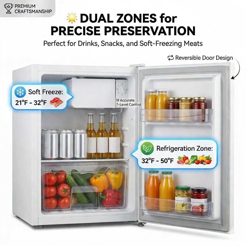 Casanta 50L. Mini Fridge with Lock and Key, Compact Refrigerator with Chiller Compartment, Quiet Energy Efficient Small Fridge for Dorm, Bedroom, Office, RV, Garage - White