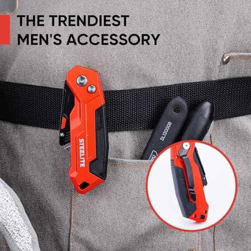 STEELITE Utility Knife Folding, Box Cutter Heavy Duty Metal, Quick Open Botton Lock Razor Knife for Cartons, Rapes, Leather and Cardboard, Blades Storage Design with 10 Extra Blade, Red
