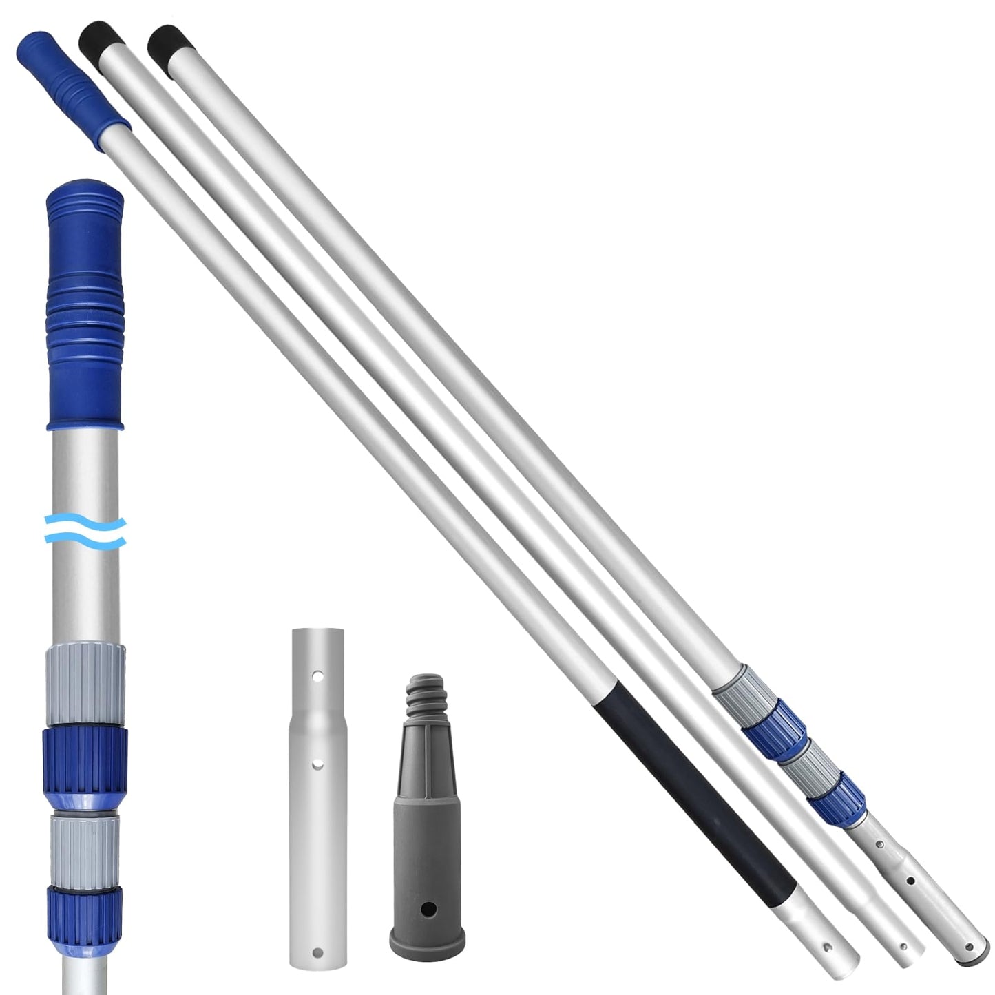 Poolvio 15FT Pool Pole, 3-Piece Telescopic Swimming Pool Cleaning Pole with Universal Threaded Tips, 2-in-1 Design for Skimmer Nets, Vacuum Heads, Brushes & Household Cleaning Tools