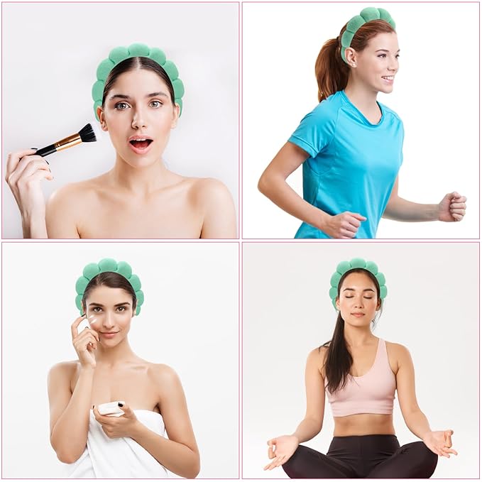 Spa Headbands for Washing Face, Makeup and Skincare. 4 Pc Set of Skin Care Head band with Wristbands. Puffy Terry Cloth, Non Slip Get Ready Hairband for Women, Teens, Girls. Cute Hair Accessories.
