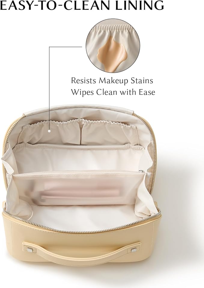 EACHY Travel Makeup Bag, Large Capacity Cosmetic Bag for Women, Waterproof PU Leather, Flat Open Portable Toiletry Bag for Skincare, Brushes & Travel Essentials