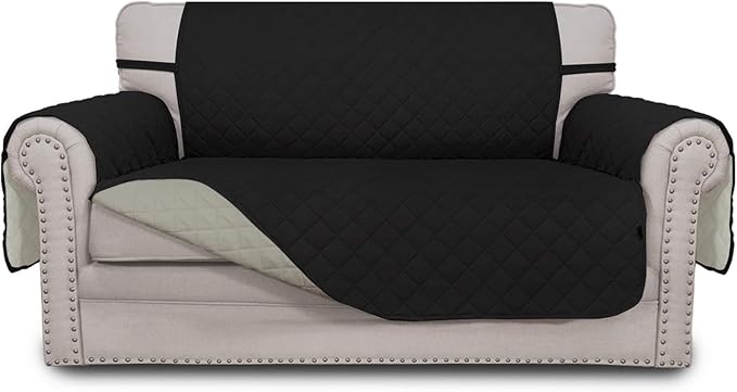 Easy-Going Reversible Loveseat Couch Cover for 2 Cushion Couch Sofa Cover for Dogs Water Resistant Furniture Protector with Foam Sticks Elastic Straps for Pet (Loveseat, Black/Beige)
