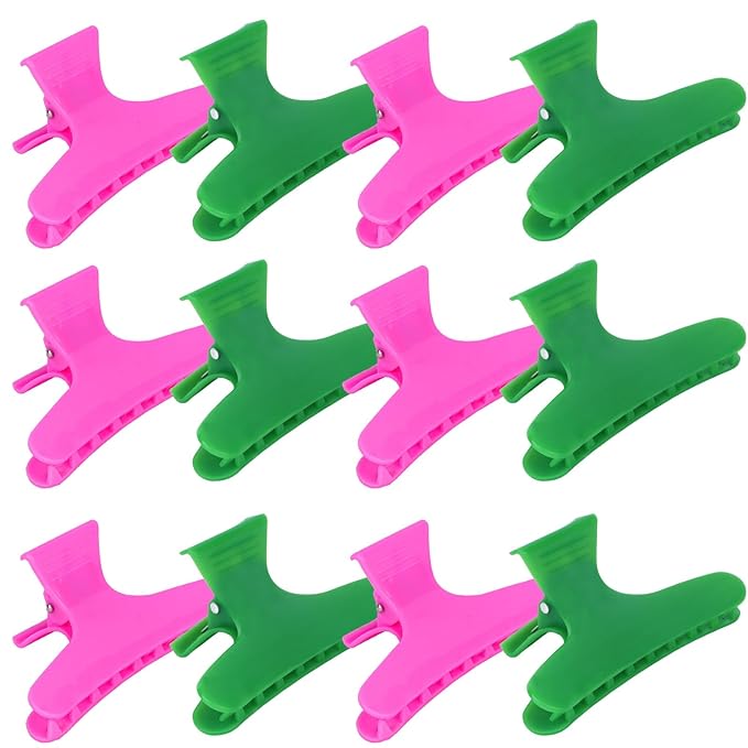 Hair Clips for Styling Sectioning 12 Pack Green Hot Pink Butterfly Clamps Hair Claw Clips Pro Salon Hair Clips for Styling, Sectioning, Cutting and Coloring