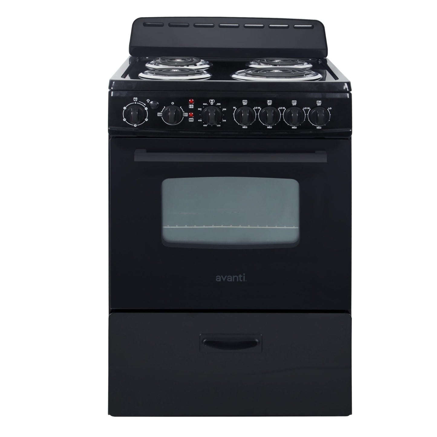 Avanti Electric Range Oven Compact Design, 2.6-Cu.Ft. Capacity with 4 Coil Burners, Framed Glass Oven Door, Storage Drawer and Broiler with Pan Perfect for Apartment RV Tiny Home, 24-Inch, Black